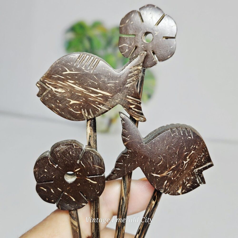Vtg Coconut Drink Stirs Sticks Fish Flower Mini Spoons Luau Tiki Bar Beach Party